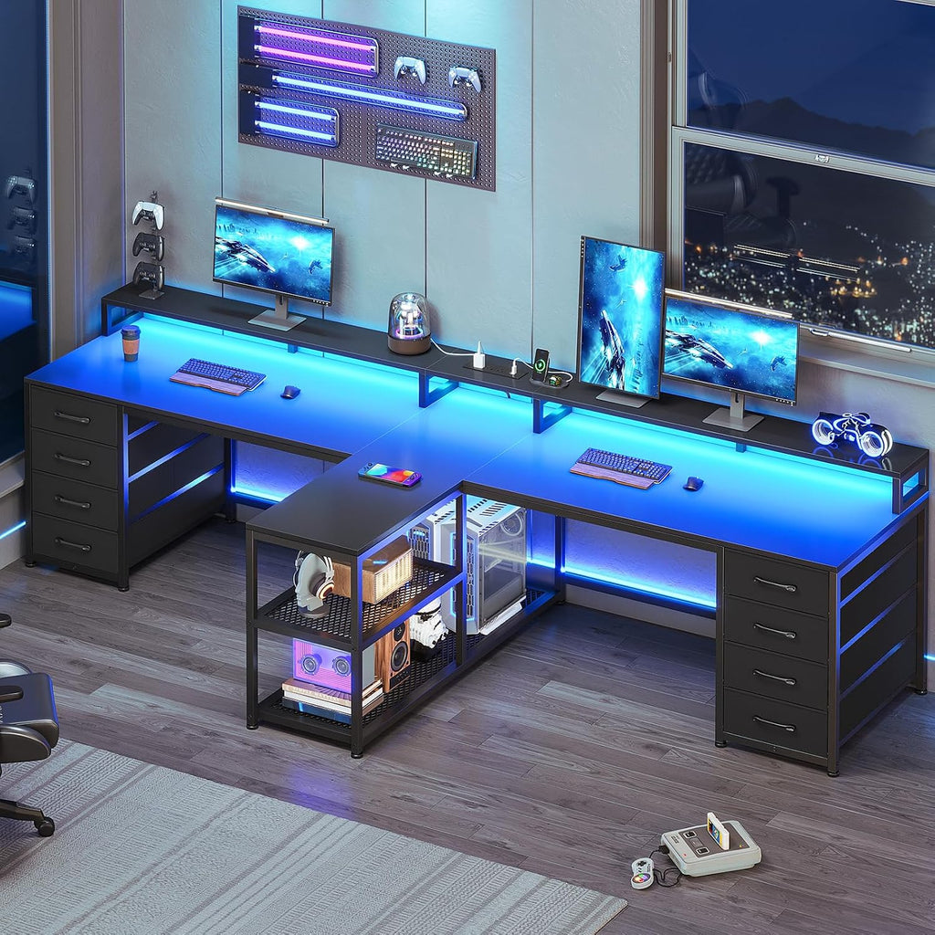 SEDETA 94.5' 2 Person Gaming Desk, Long Office Computer Desk with 8 Drawers & LED Light, Two Person Desk with Storage, Power Strip & Monitor Shelf for Home Office, Black