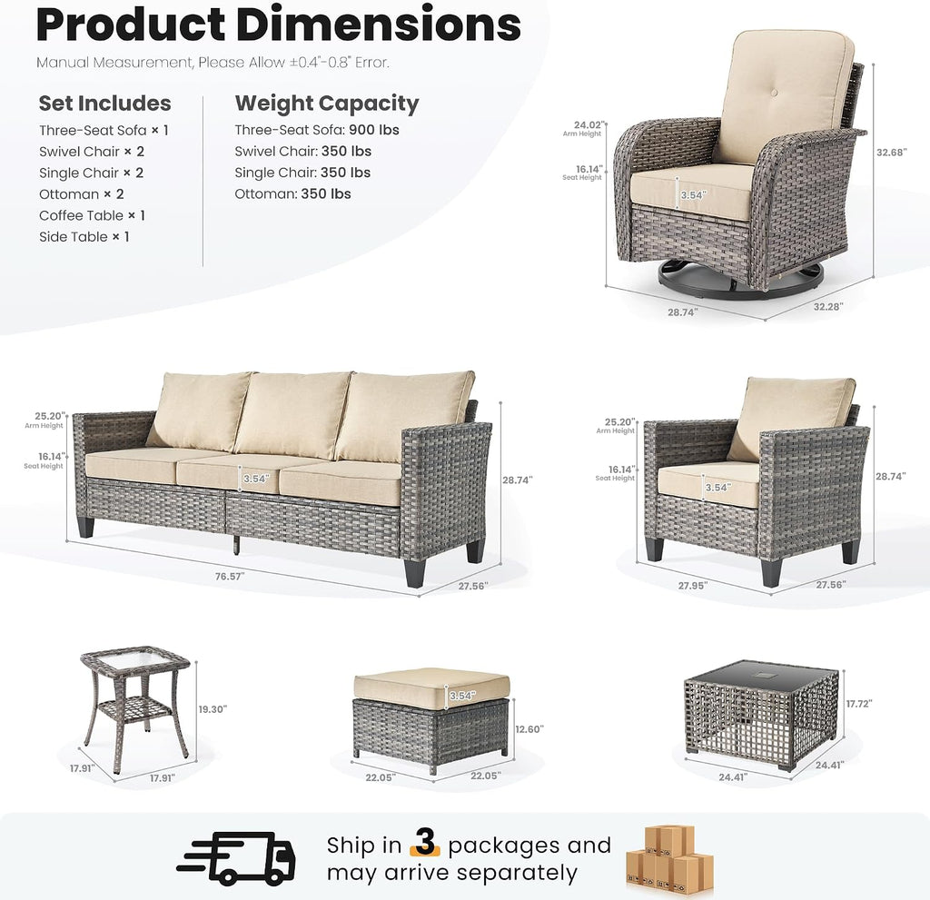 ovios 9 Pieces Patio Furniture Set, Outdoor Wicker Sofa Couch with Rocking Swivel Chairs Solar Lights Table, Modern Deep Seat Rattan Conversation Sets for Deck Porch, Beige