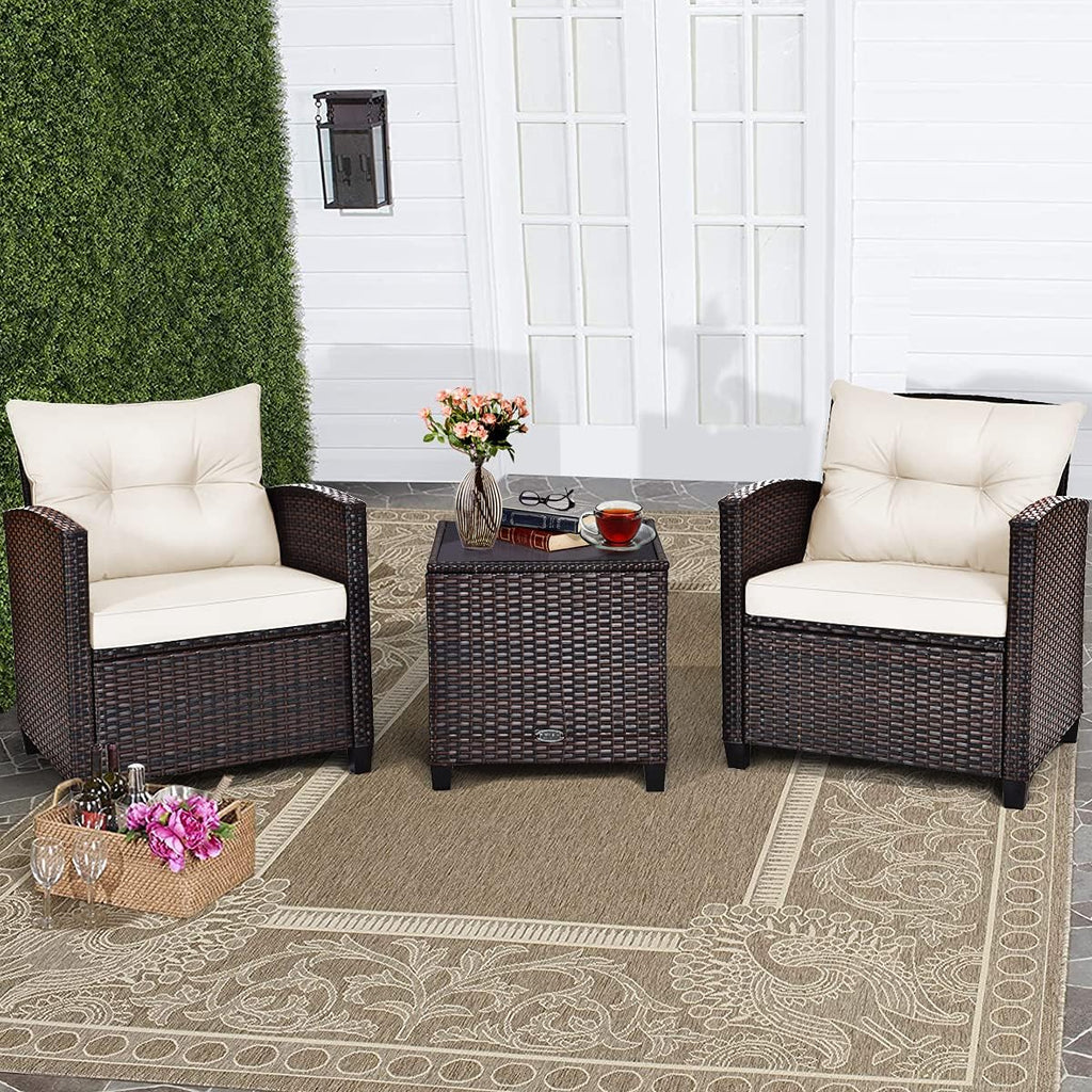 HAPPYGRILL 3 Pieces Patio Conversation Set, Outdoor Furniture Set PE Rattan Sofa Set with Removable Cushions, PE Wicker Chairs with Tempered Glass Side Table for Porch Lawn Garden Balcony Backyard