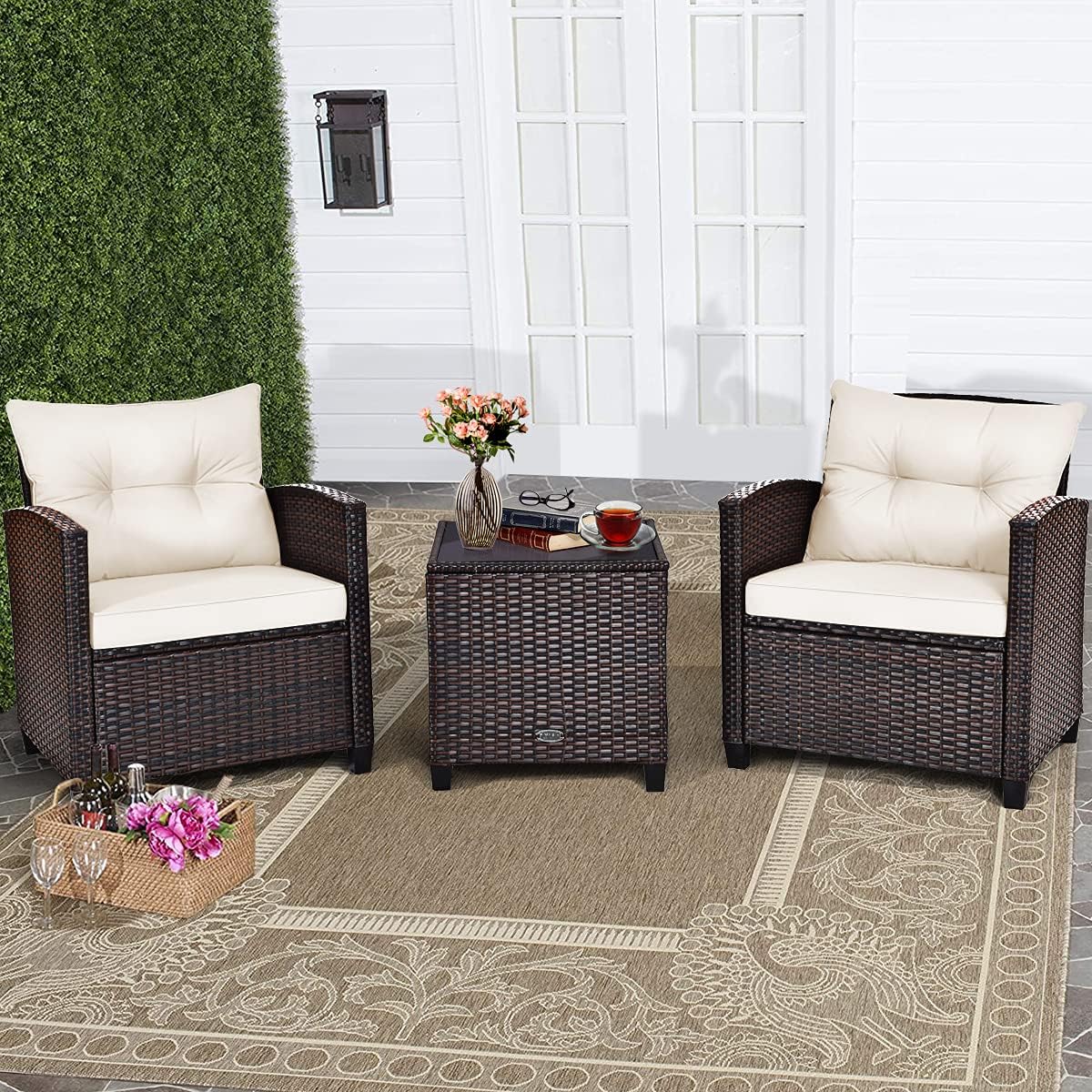 HAPPYGRILL 3 Pieces Patio Conversation Set, Outdoor Furniture Set PE Rattan Sofa Set with Removable Cushions, PE Wicker Chairs with Tempered Glass Side Table for Porch Lawn Garden Balcony Backyard