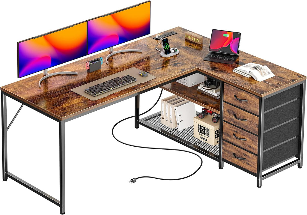 PRAISUN 53' L Shaped Desk with Power Outlets and USB-C Port, Reversible Computer Corner Office Desk with 4 Fabric Drawers and 2 Height-Adjustable Shelves, Large for Gaming Writing Study, Rustic Brown