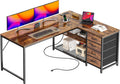 PRAISUN 53' L Shaped Desk with Power Outlets and USB-C Port, Reversible Computer Corner Office Desk with 4 Fabric Drawers and 2 Height-Adjustable Shelves, Large for Gaming Writing Study, Rustic Brown