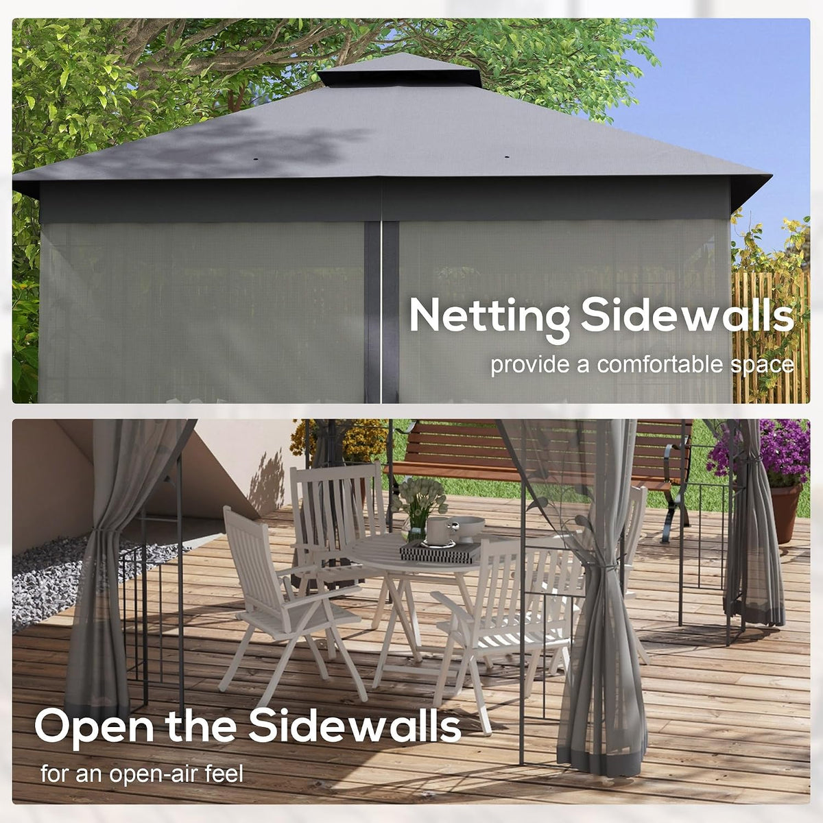 Outsunny 10' x 11.5' Metal Patio Gazebo, Double Roof Outdoor Gazebo Canopy Shelter with Tree Motifs Corner Frame and Netting, for Garden, Lawn, Backyard, and Deck, Gray