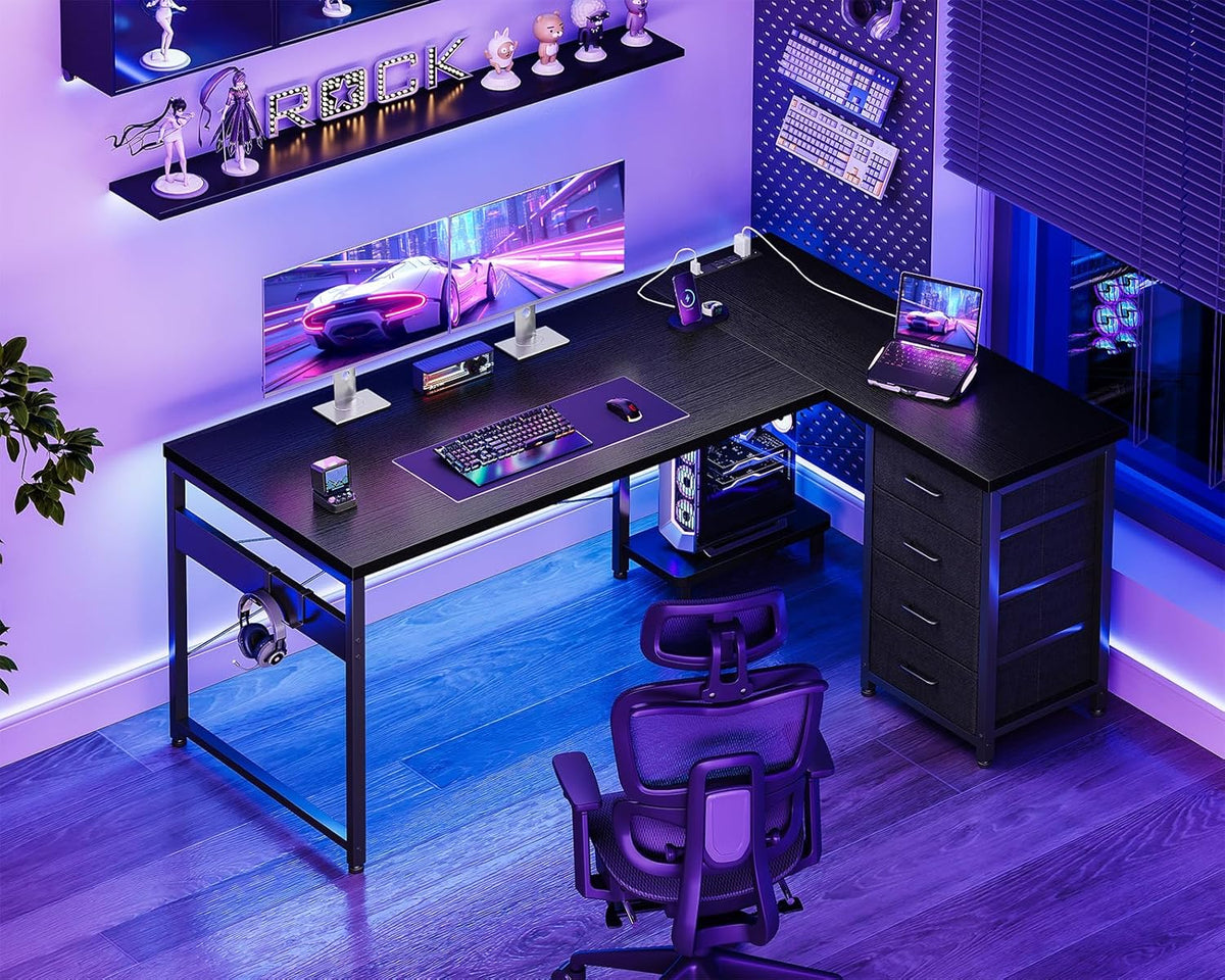 AODK L Shaped Gaming Desk with 4 Drawers, 53' Reversible Home Office Desks with Power Outlets, L Shaped Computer Desk with USB Charging Port and Host Stand, Corner Desk, Easy to Assemble, Black