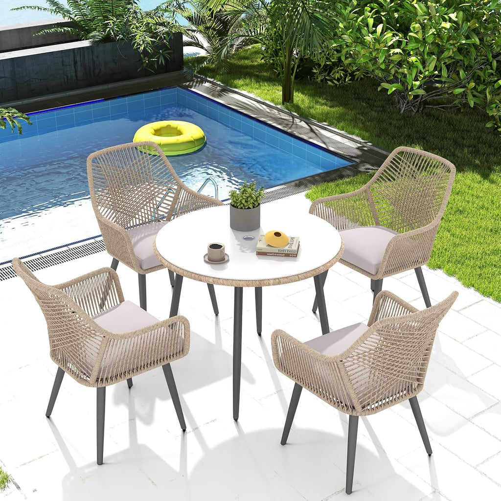 Patiorama 5-Piece Patio Dining Set, Outdoor Dining Table Chair Set, All-Weather Twisted Rattan Wicker Rope Conversation Set, Patio Furniture Set w/Umbrella Hole,Cushioned Chairs&Table(Tan&Cross Back)