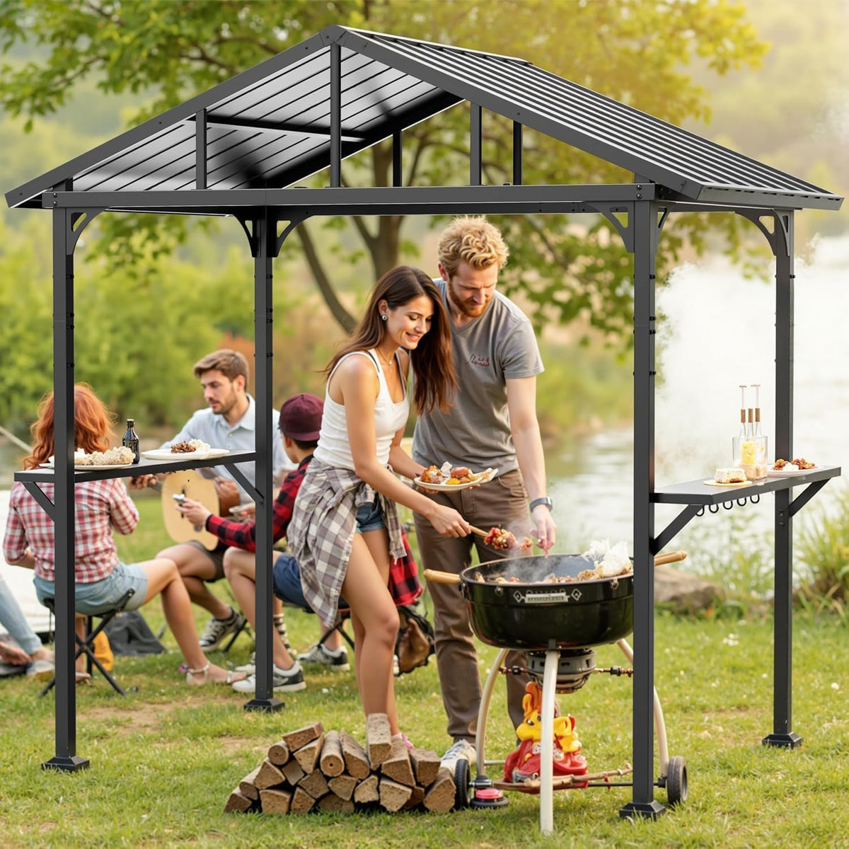 8' x 5' Hardtop Grill Gazebo,Outdoor BBQ Canopy Shelter with 2 Side Shelves and 5 Side Hooks,Patio Pavilion with Galvanized Steel Roof for Patio Lawn Backyard Garden