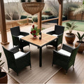 EMKK 5 Piece Outdoor Dining Set All-Weather Wicker Patio Table and Chairs with Cushions, Acacia Glass Tabletop for Backyard Porch Garden Poolside