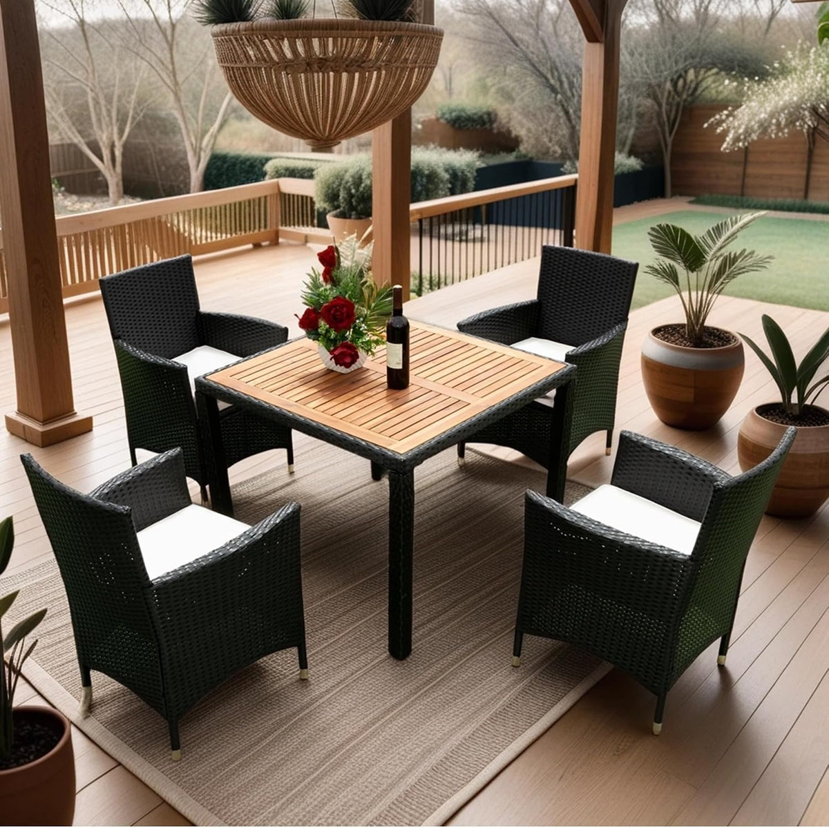 EMKK 5 Piece Outdoor Dining Set All-Weather Wicker Patio Table and Chairs with Cushions, Acacia Glass Tabletop for Backyard Porch Garden Poolside