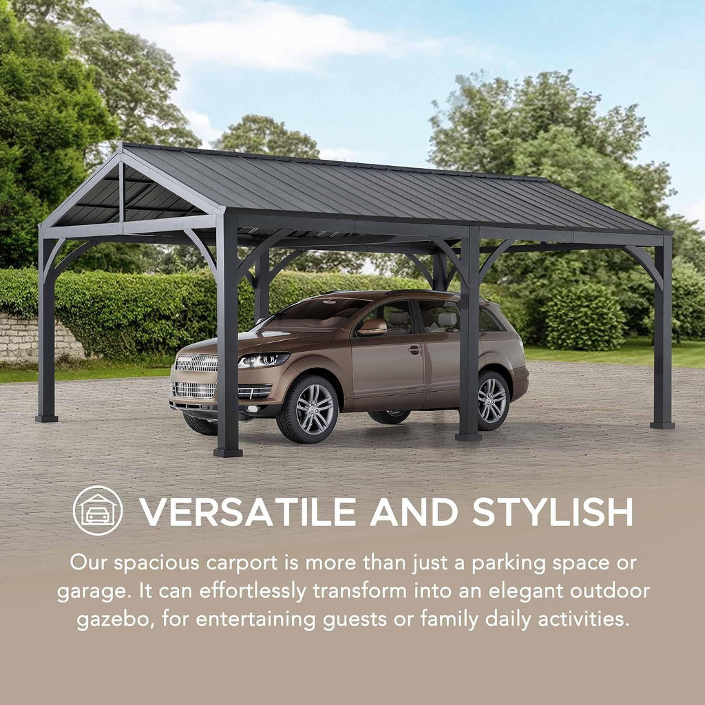 AutoCove 20 ft. x 14 ft. Heavy Duty Carport Garage Car Shelter, Outdoor Gazebo with Brown Polycarbonate Gable Roof and 2 Ceiling Hooks,Black