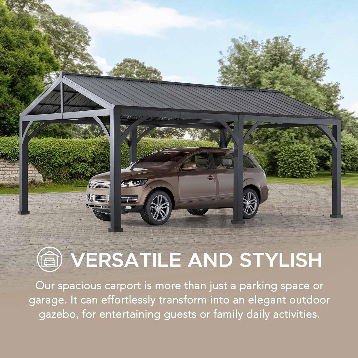 AutoCove 20 ft. x 14 ft. Heavy Duty Carport Garage Car Shelter, Outdoor Gazebo with Brown Polycarbonate Gable Roof and 2 Ceiling Hooks,Black