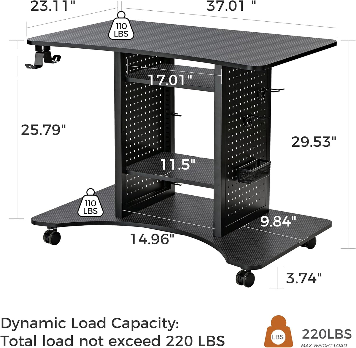EUREKA ERGONOMIC Gaming Desk Computer, 37' Rolling Desk on Wheels for Small Space, Mobile Computer Cart with Pegboards Adjustable Shelves for Gaming PS Switch Home Office - Black