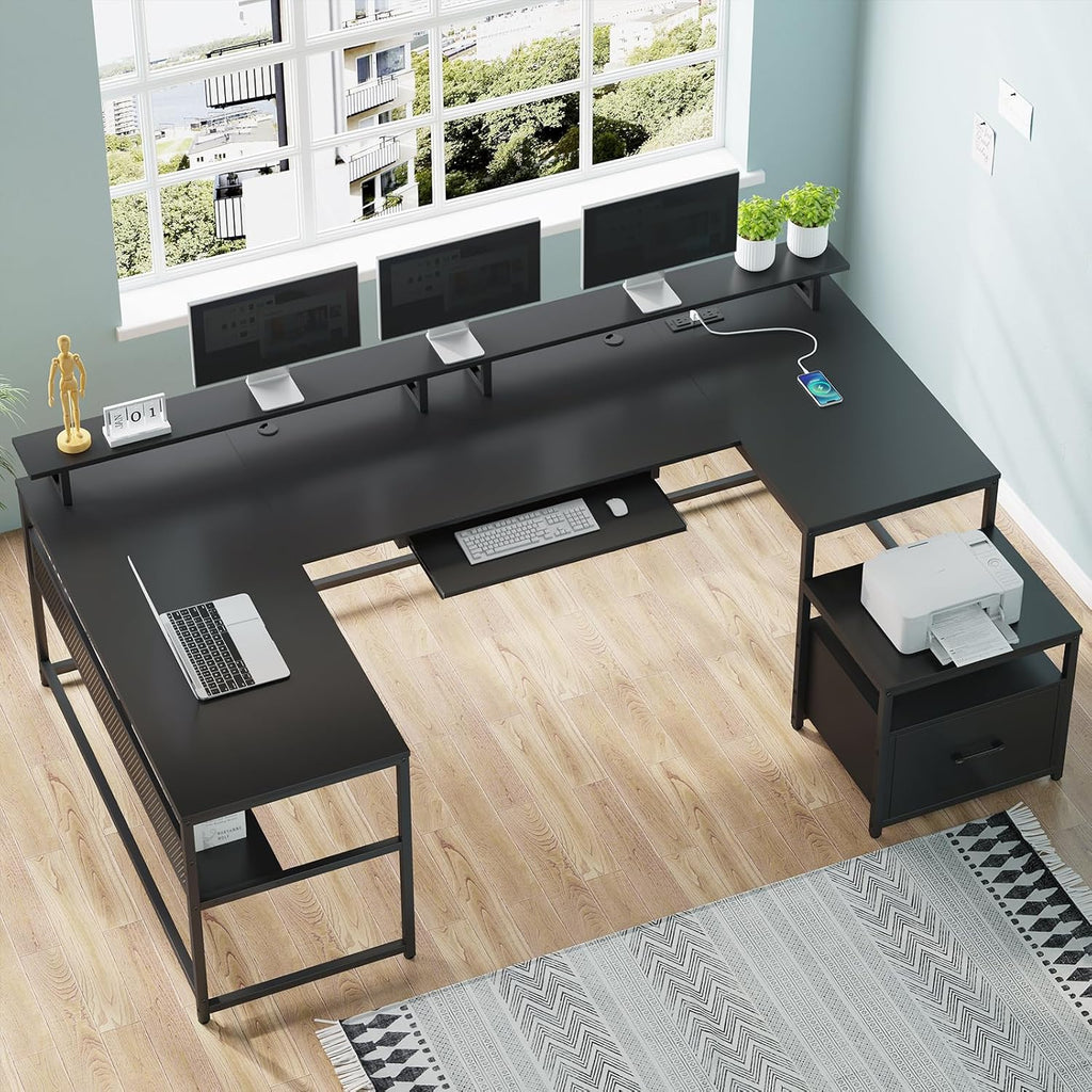 SEDETA U Shaped Desk,101.5''Reversible L Shaped Home Office Desk with Drawer & Power Outlet,Computer Two Person Desk with Monitor Shelf, Keyboard Tray, Black
