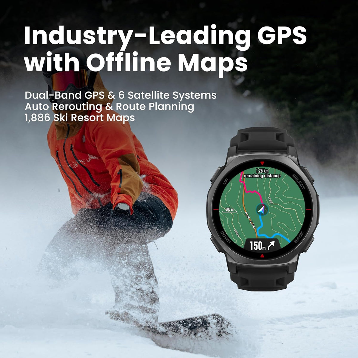 Amazfit T-Rex 3 Pro Outdoor Smart Watch 44mm Sapphire AMOLED Display with Flashlight, Ti Bezel, Dual Band GPS, Offline Maps, 17 Days Battery, 10 ATM, 180+ Sports Mode for Android & iPhone, Black