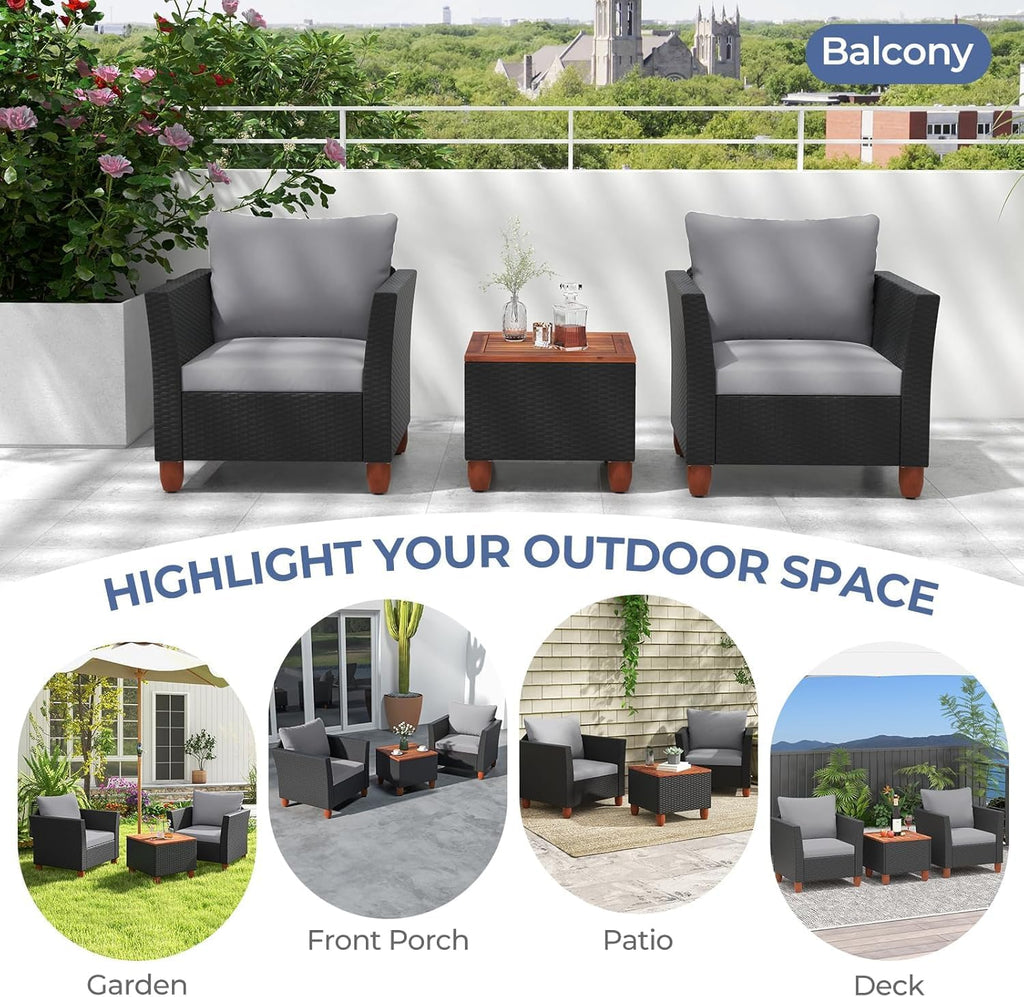 LDAILY Patio 3 Pieces Patio Furniture Set, PE Rattan Outdoor Wicker Sofa Chair with Washable Cushion & Wood Storage Table, Patio Conversation Set for Porch, Yard, Garden (Grey)