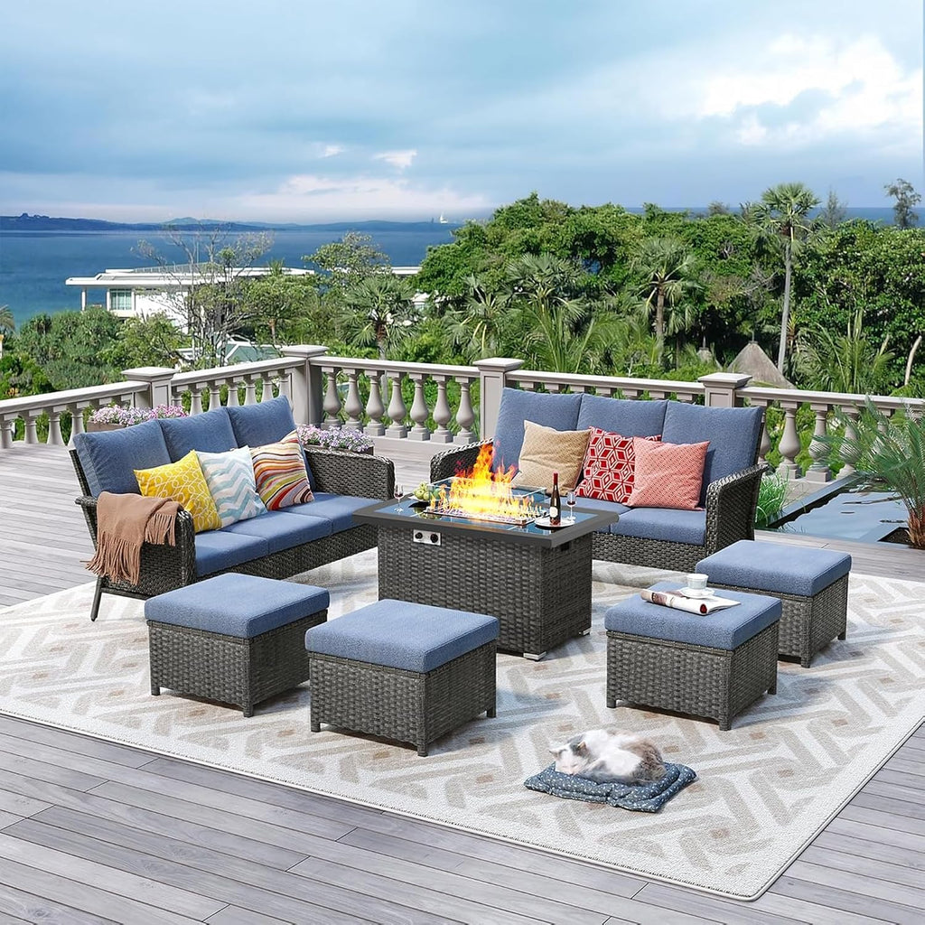 7 Seats Outdoor Patio Furniture Set with 44' Gas Fire Pit Table, Wicker Swivel Rocking Chairs Conversation Sets with Cushion, High Back Sectional Sofa with Gilder Chair for Yard Garden Porch, Blue