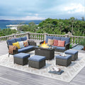 7 Seats Outdoor Patio Furniture Set with 44' Gas Fire Pit Table, Wicker Swivel Rocking Chairs Conversation Sets with Cushion, High Back Sectional Sofa with Gilder Chair for Yard Garden Porch, Blue