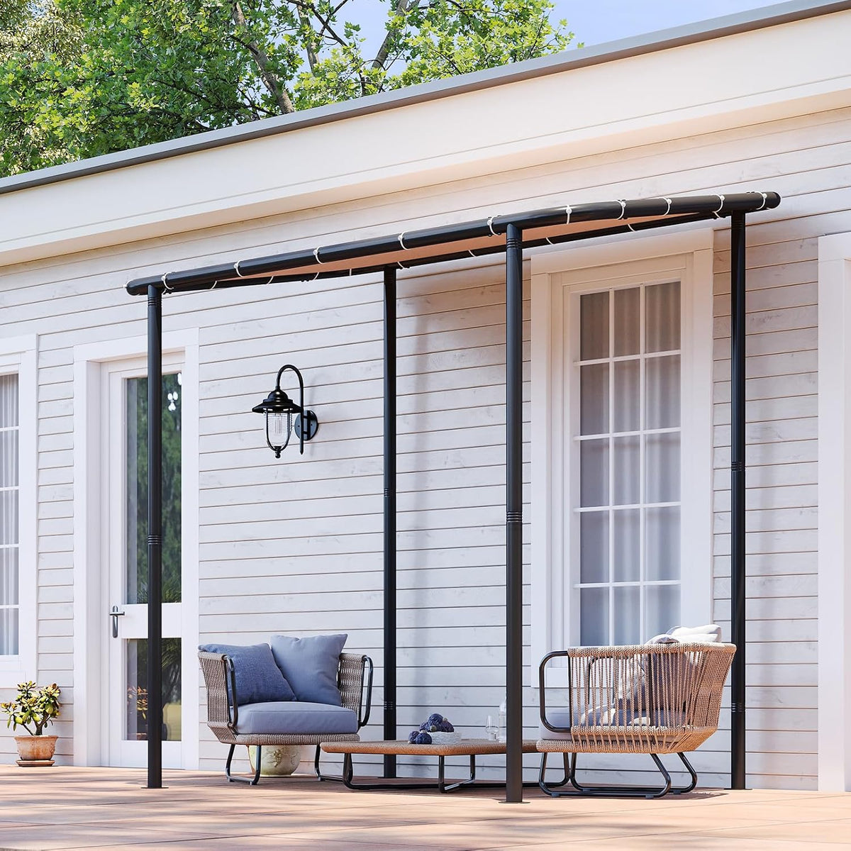 Aoxun 8x5 Lean to Gazebo Outdoor Pergola with Water Resistant & UV-Resistant, Wall-Mounted Canopy with Sloped Roof for Backyard, Deck, Patio or Garden Khaki