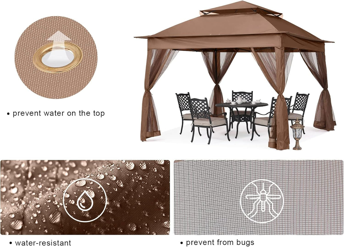 MASTERCANOPY Patio Gazebo Outdoor Pop Up Gazebo with Mesh Walls (11x11,Brown)