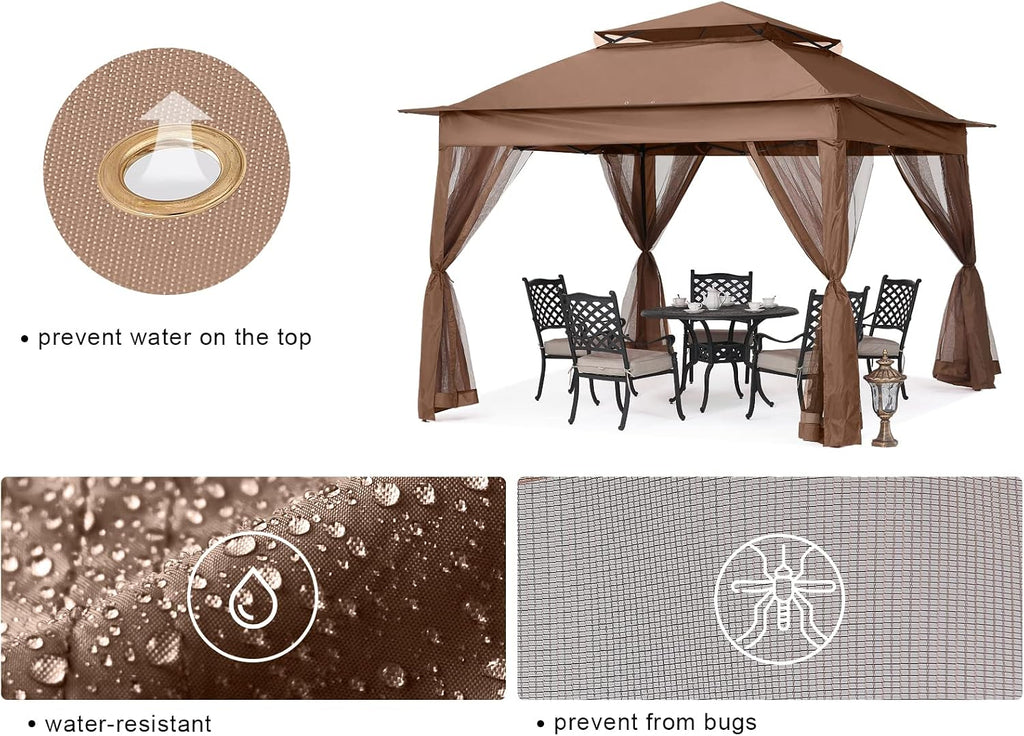 MASTERCANOPY Patio Gazebo Outdoor Pop Up Gazebo with Mesh Walls (11x11,Brown)