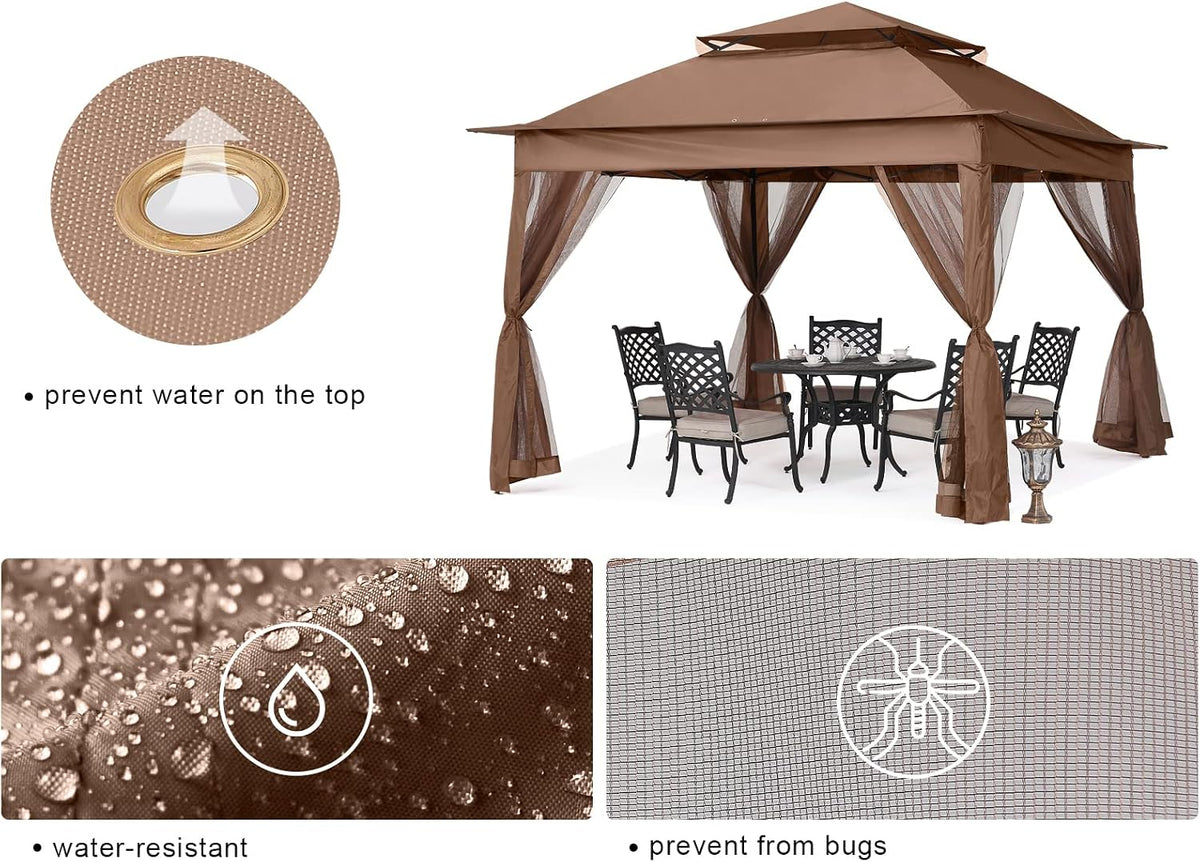 MASTERCANOPY Patio Gazebo Outdoor Pop Up Gazebo with Mesh Walls (11x11,Brown)