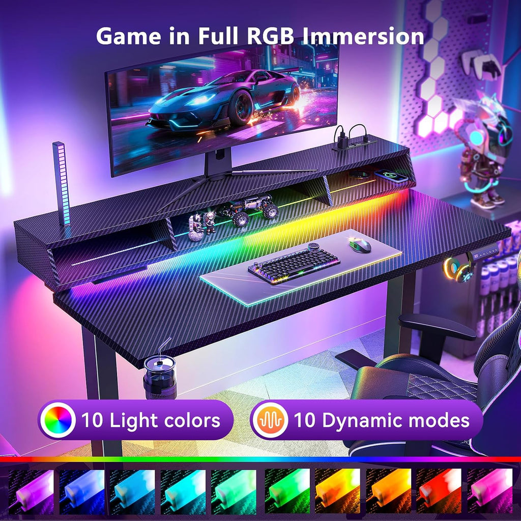 OffiGo Gaming Standing Desk with LED Light, 48 Inch Electric Height Adjustable Table with Power Outlet & Floating Monitor Stand, Sit Stand Computer Workstation for Home, Bedroom, Black