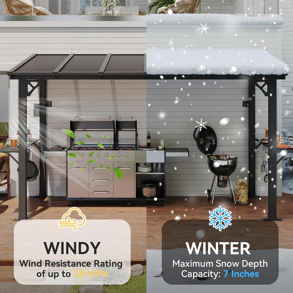 Aoxun 12x6 FT Gazebo with Polycarbonate Panel, All-Weather Outdoor BBQ Canopy with Sloping Steel Roof, Grill Gazebo with 2 Side Shelves & Hooks, Permanent Metal Gazebo for Patio, Backyard, Deck