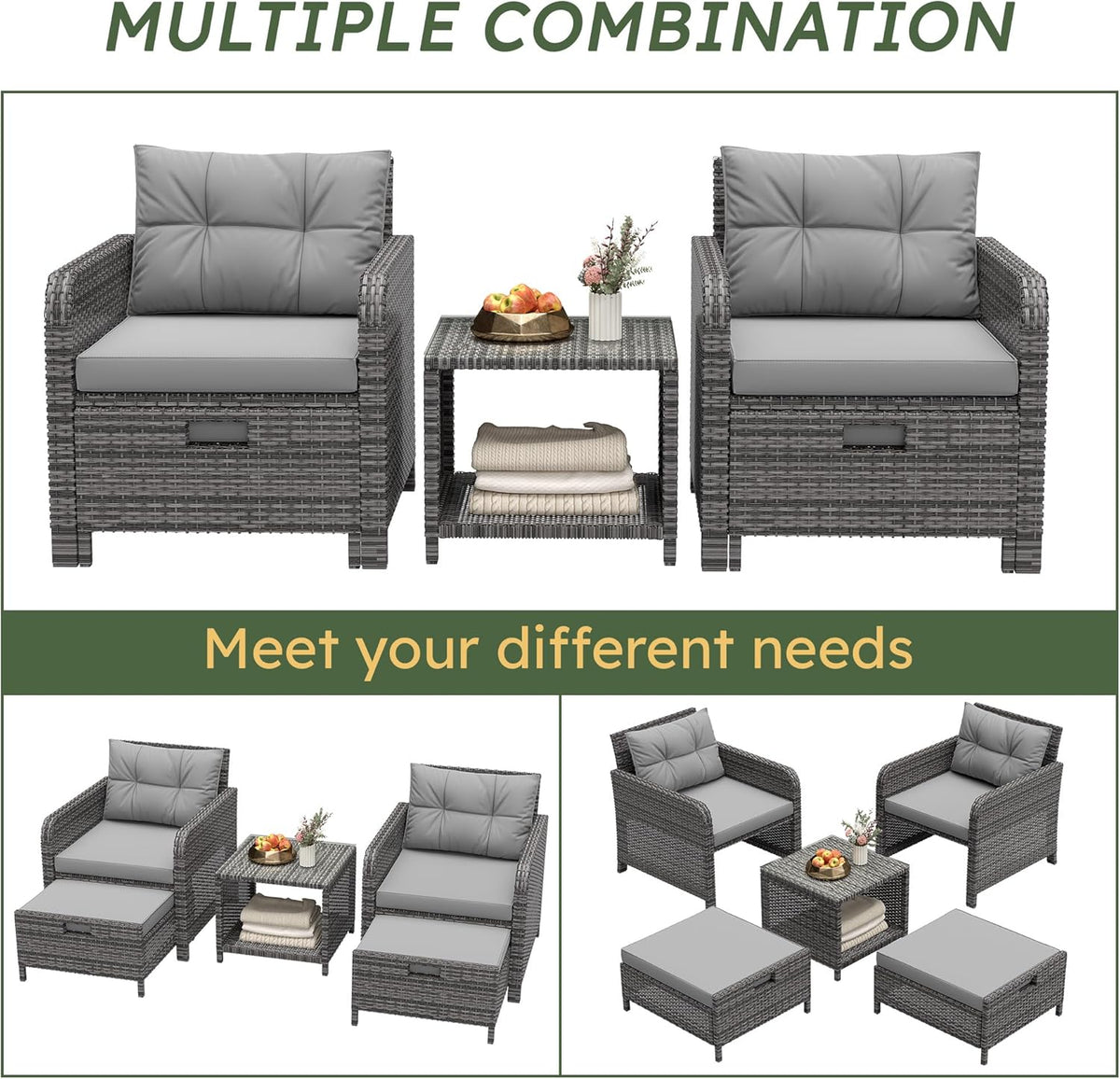 LHBcraft Balcony Furniture 5 Piece Patio Chairs Conversation Set, PE Wicker Rattan Outdoor Lounge Chairs with Soft Cushions 2 Ottoman-Glass Table for Porch, Charcoal
