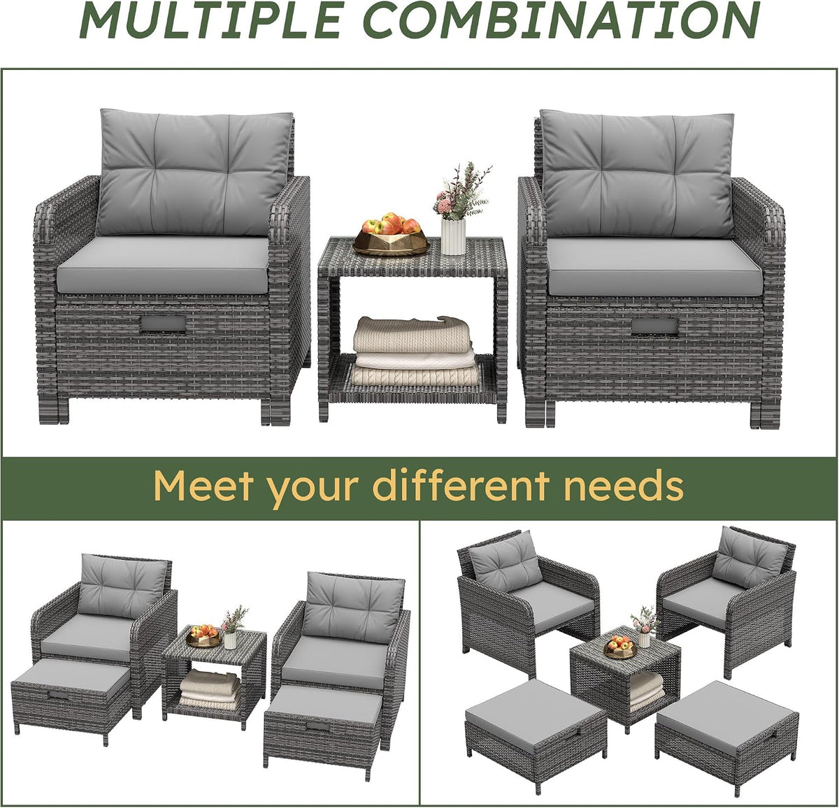 LHBcraft Outdoor Furniture 5 Piece Patio Conversation Set, PE Rattan Patio Set with Soft Cushions & Coffee Table, Outside Furniture with Hidden Ottoman for Porch, Lawn, Garden, Balcony, Grey