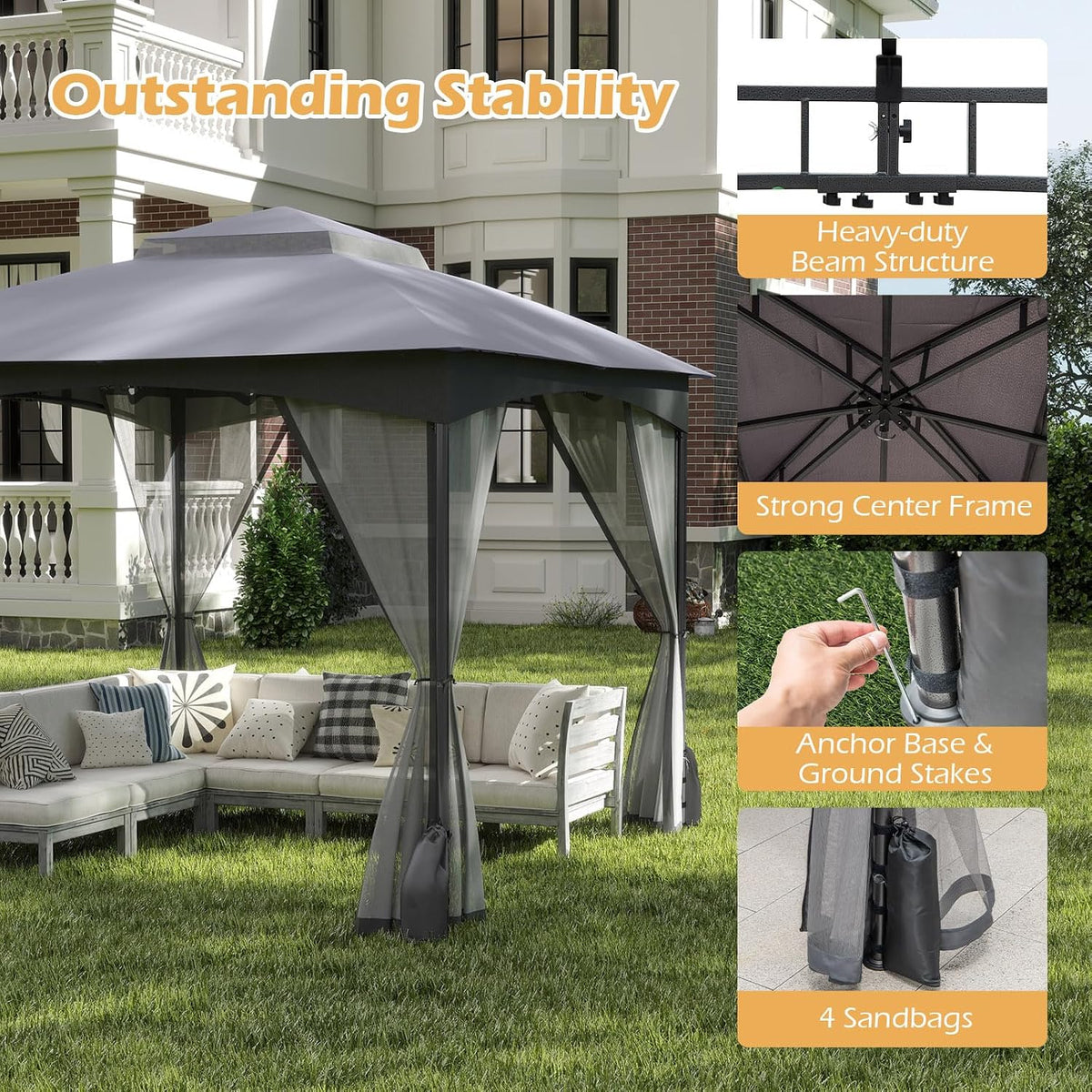Tangkula 10x10 FT Outdoor Gazebo with Netting, Double Roof Patio Shelter with 4 Sandbags, Zippered Doors, Heavy-Duty Metal Frame, Metal Patio Gazebo for Yard Garden Lawn (Grey)
