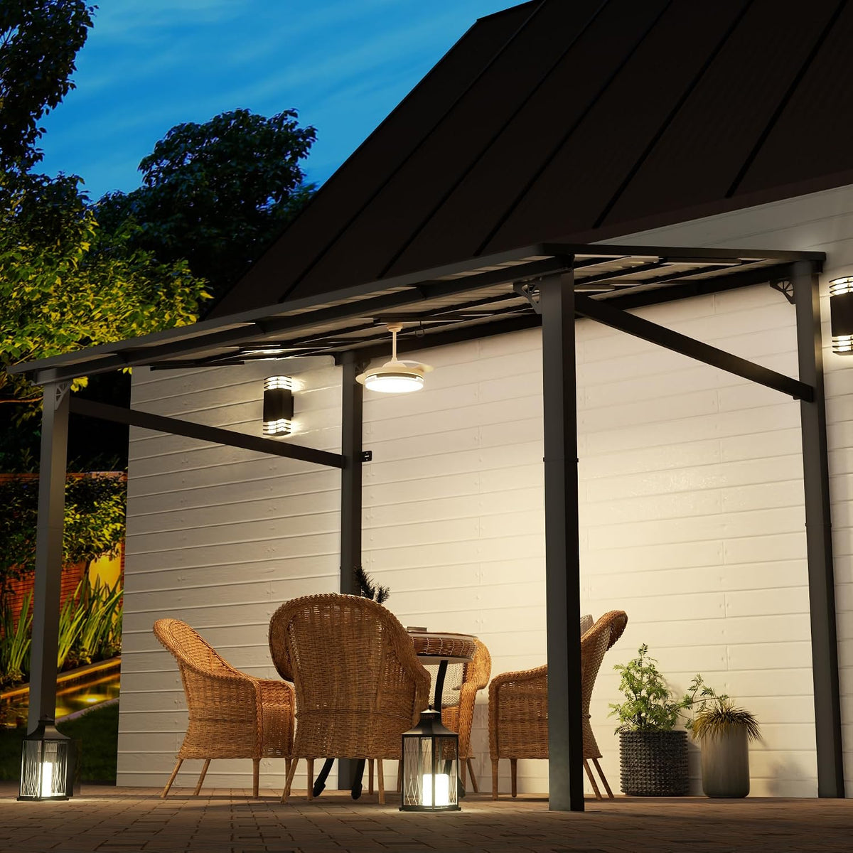 EBE 10' x 8' Outdoor Lean to Gazebo, Hardtop Wall Mounted Pergola with Sloping Galvanized Steel Roof, Lean to Metal Pergola and Gazebo Clearance for Patio, Deck, Backyard