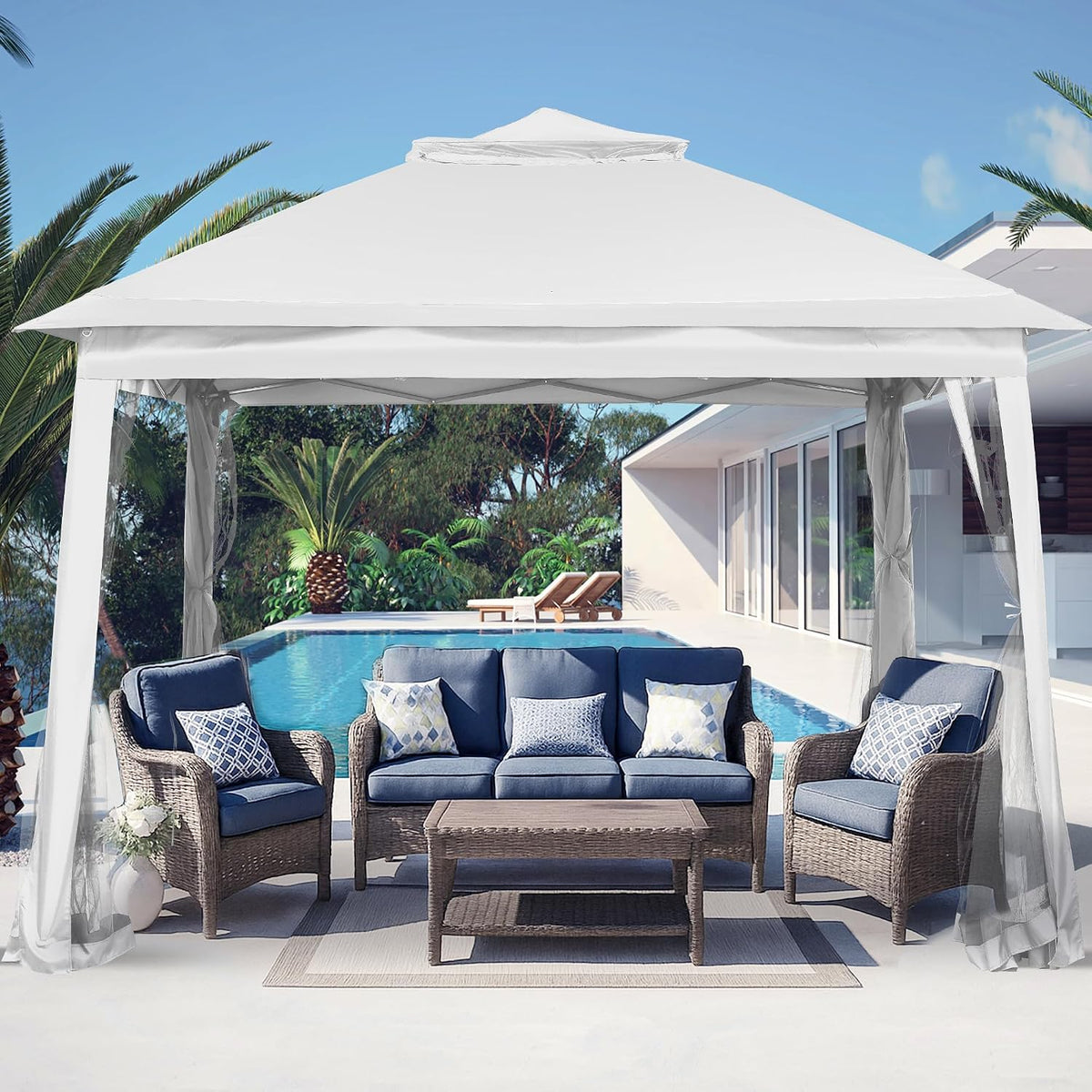 GDY 11x11 Pop Up Canopy Tent, Outdoor Canopy with Netting, Outdoor Gazebo for Backyard, Tent with Hand Bag, White.