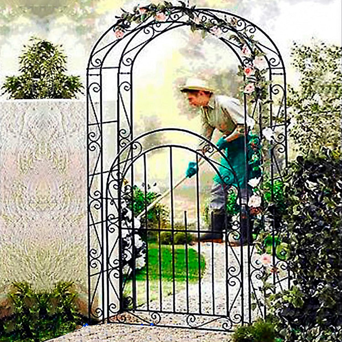 Garden Arch Made of Metal,Rose Arches,Weatherproof Pergola of The Garden Pavilion with Door,Trellis Trellis Arch,Suitable for All Types of Climbing Plants,Celebratory Decoration,115 * 43 * 215 Cm
