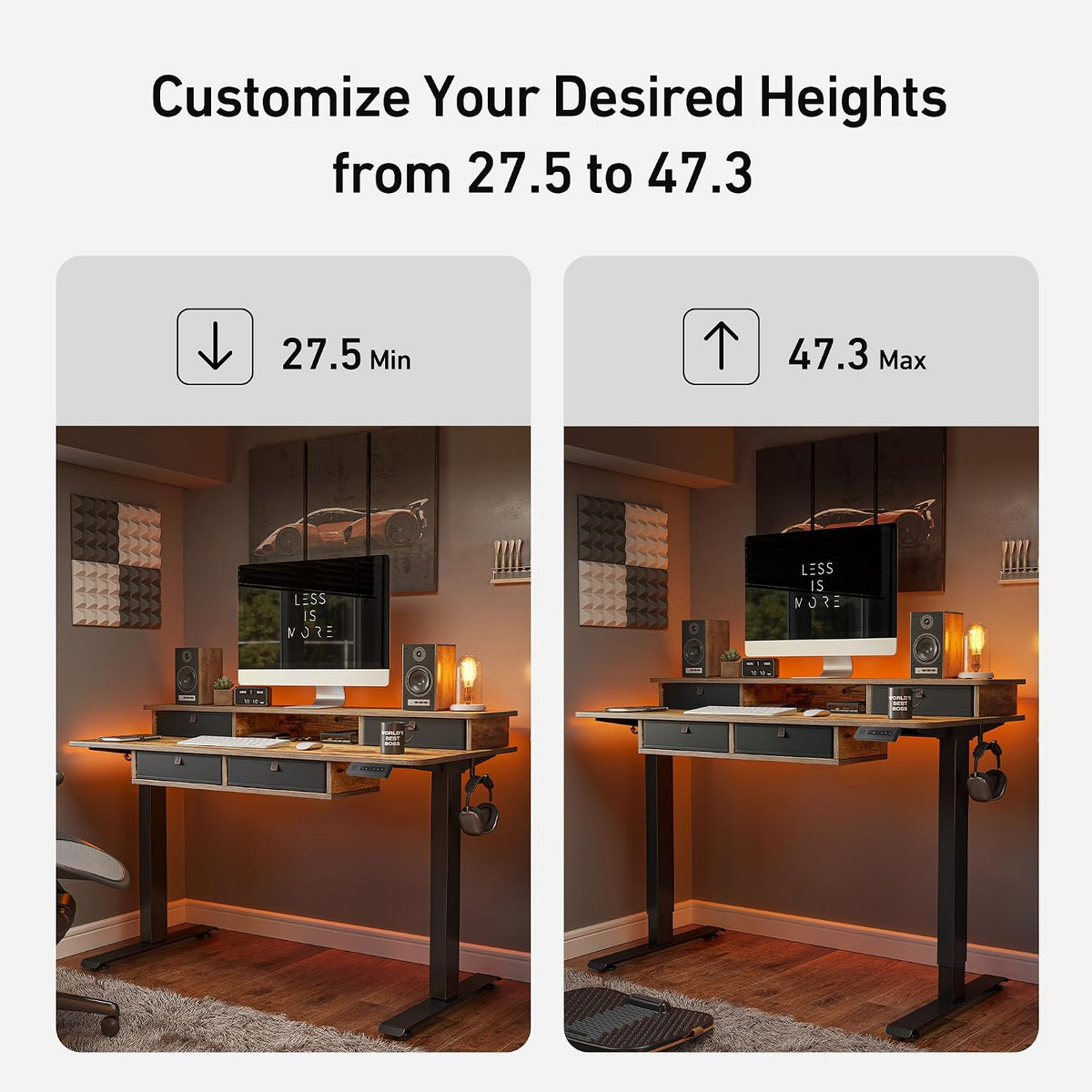 FEZIBO 48'' x 24'' Electric Standing Desk with 4 Storage Drawers, Adjustable Height Computer Table with Monitor Shelf, Stand Up Desk for Study, Gaming, Workstation, Rustic Brown Top