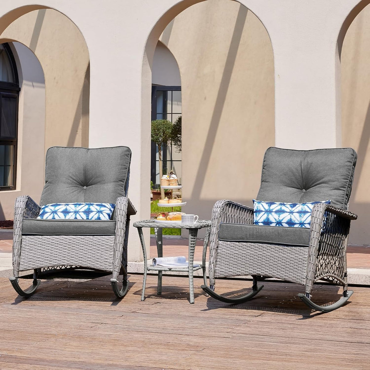 UDPATIO Rocking Chair Outdoor Set 2 with Coffee Table, 3 Piece Wicker Rocking Bistro Set with 4' Water-Resistant Cushions, Oversized, 350lbs Heavy-Duty, for Porch, Patio, Balcony, Grey