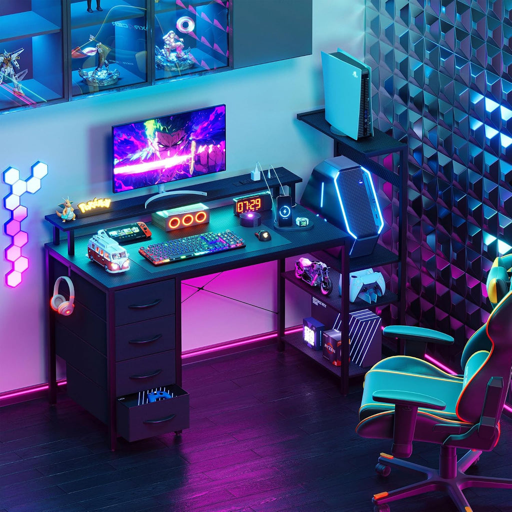 51 Inch Gaming Desk with LED Lights and Power Outlets, Computer Desk with Storage Shelves, Fabric Drawers, Monitor Stand & Side Hook, Reversible Gamer Table for Home Office, Carbon Fiber Black