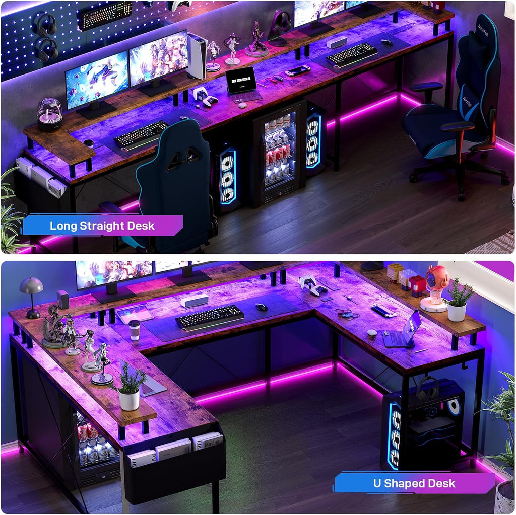 GAOMON U Shaped Desk, 126 Inch Gaming Desk with Monitor Stand and LED Lights, Reversible Shaped Large Computer Desk with Power Outlets, Office Desk with Storage Bag and Hooks, Vintage