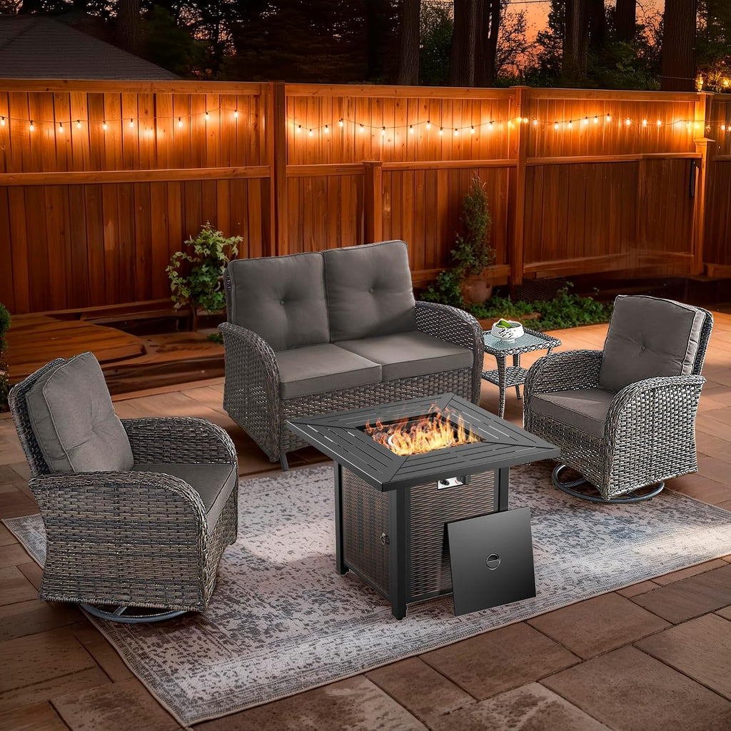 5 Piece Patio Furniture Set with Fire Pit Table - Wicker Patio Conversation Set with Swivel Glider, Glider Loveseat, Tempered Glass Side Table for Deck Backyard - Brown Wicker Grey Cushion