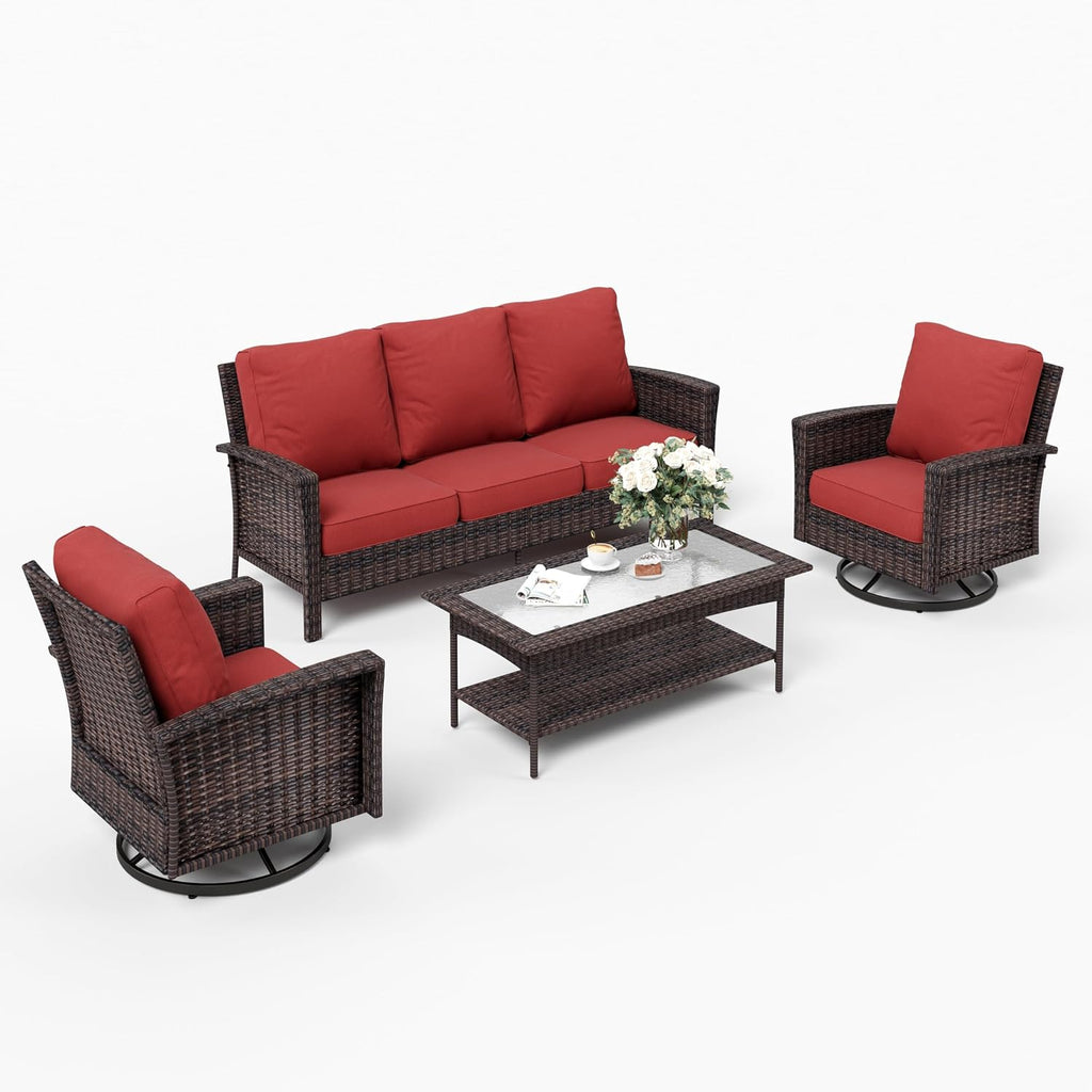 SUNSHINE VALLEY Patio Furniture Set with Swivel Chairs, High Back Wicker Rattan Furniture with 5.5' Thick Cushions and Coffee Table, Outdoor Conversation Set for Backyard Deck, 5 Seats, Red