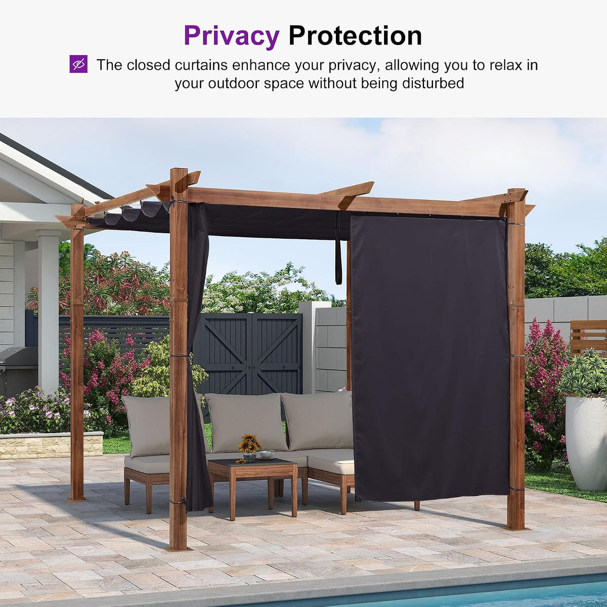PURPLE LEAF 10' x 10' Pergola with Curtains Outdoor Retractable Pergola Patio Metal Shelter for Garden Porch Natural Wood Grain Frame Gazebo Modern Yard Grill Pergolas with Shade Canopy Navy Blue