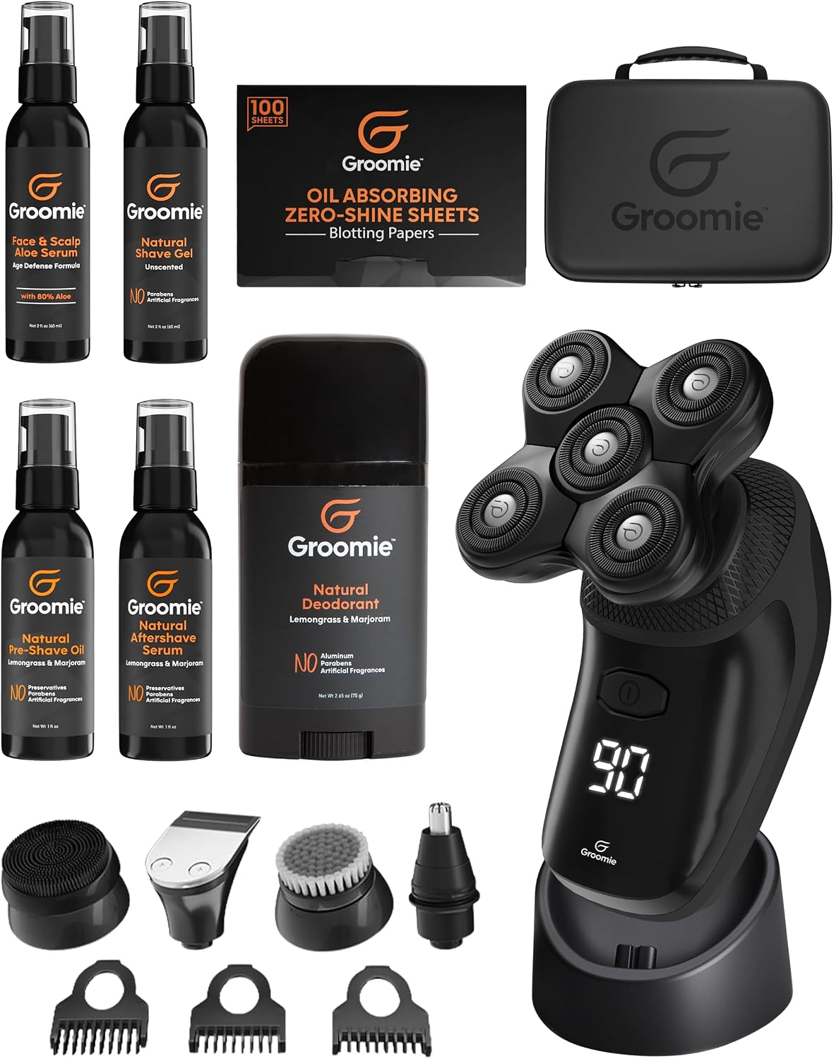 Groomie Mens Grooming Bundle - BaldiePro Electric Head Shaver for Bald Men Includes Travel Case, Charging Dock & Accessory Kit - Deodorant, Scalp & Face Serum, Shave Gel, Aftershave, Pre-Shave Oil