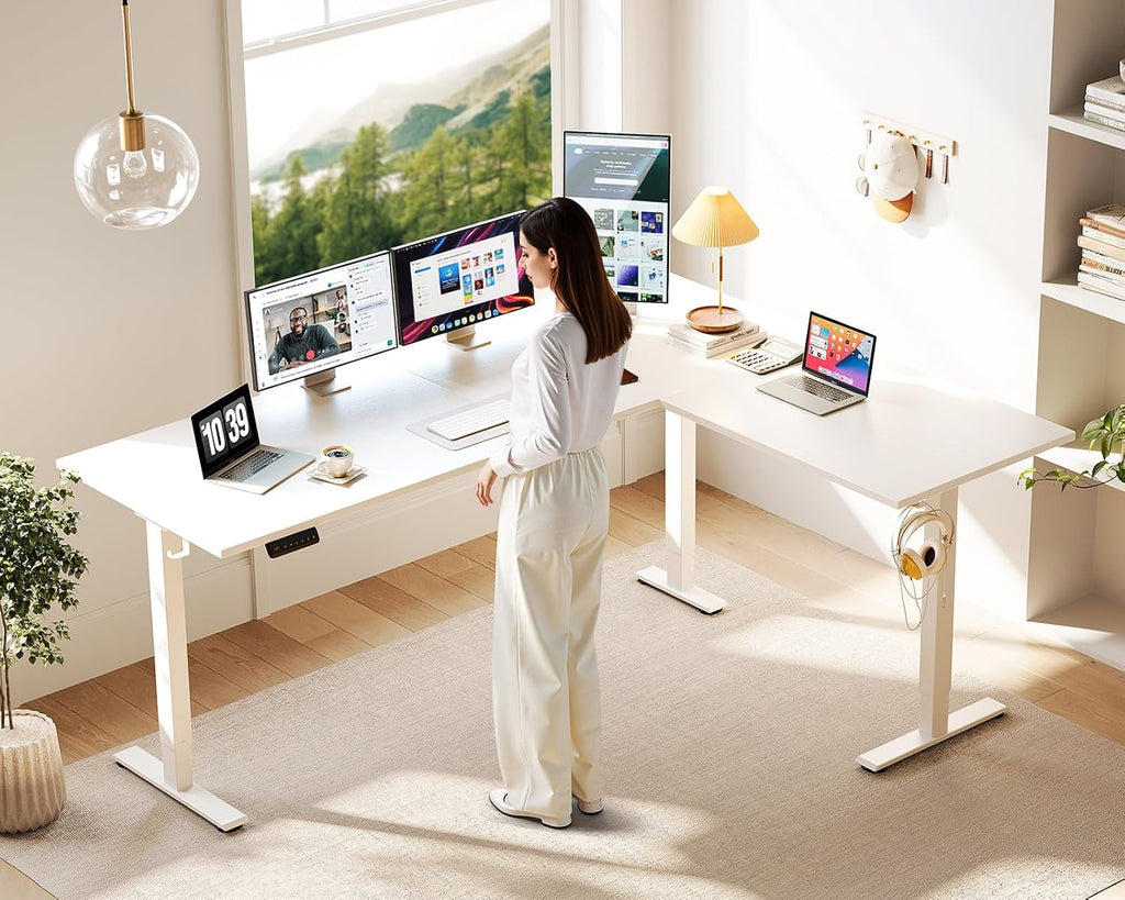 Casaottima 71 Inch Reversible Electric L Shaped Standing Desk, Height Adjustable Corner Stand up Desk, Ergonomic Large Lift Table for Home, Office, Workstation, Reception Room, White