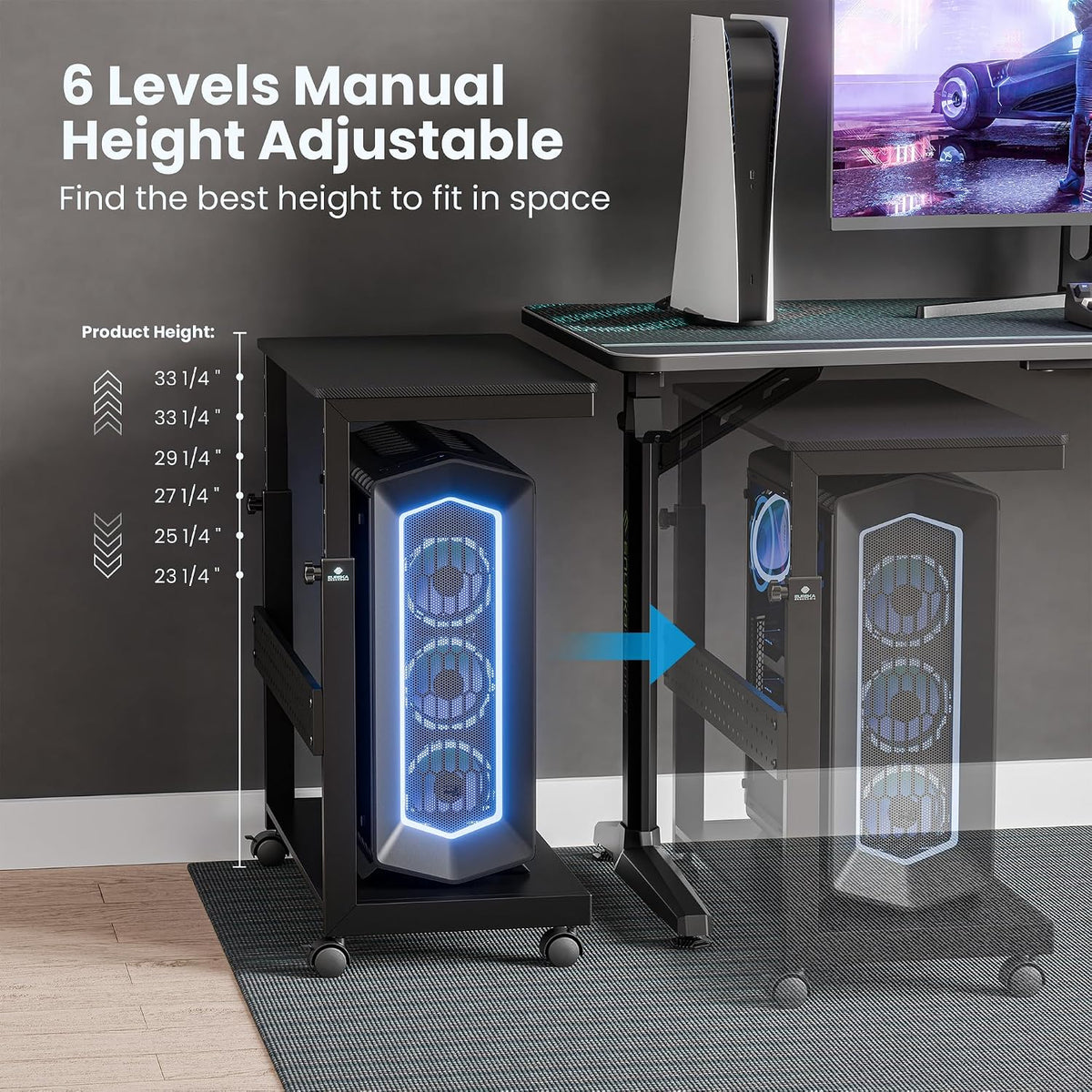 EUREKA ERGONOMIC PC Stand Computer Cart, Height Adjustable Tower Stand 2-Tier Suit for ATX Case Printer, Metal Rolling Cart on Wheels for Gaming Home Office, Carbon Fiber