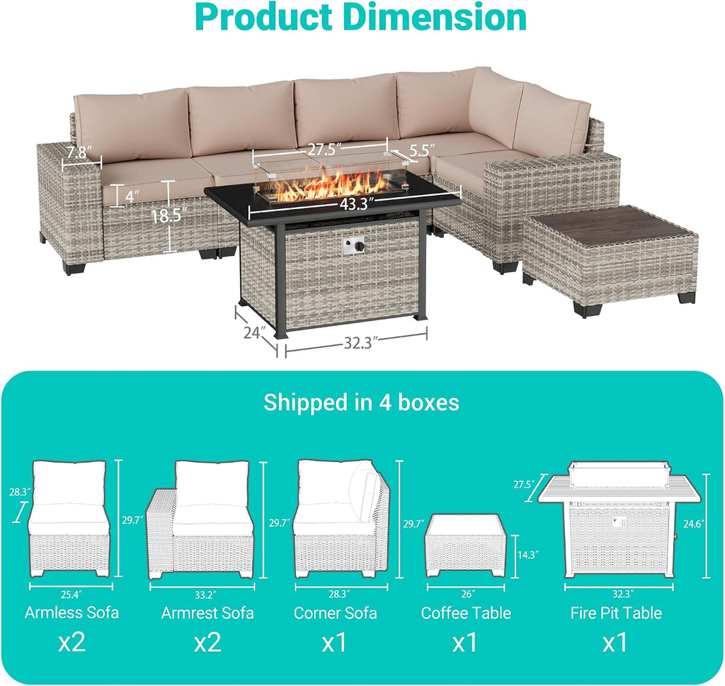 7-Piece Outdoor Patio Furniture Set with 55,000 BTU Fire Pit Table, PE Wicker Rattan Sectional Sofa Patio Conversation Set with Thickened Cushions & Coffee Table, Sand