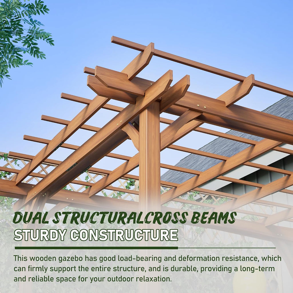 YOPTO 12 x 10 FT Outdoor Wood Pergola,Wooden Grape Pergola Gazebo,Climbing Plant Support for Garden,Backyard,Deck,Easy to Assemble,Brown