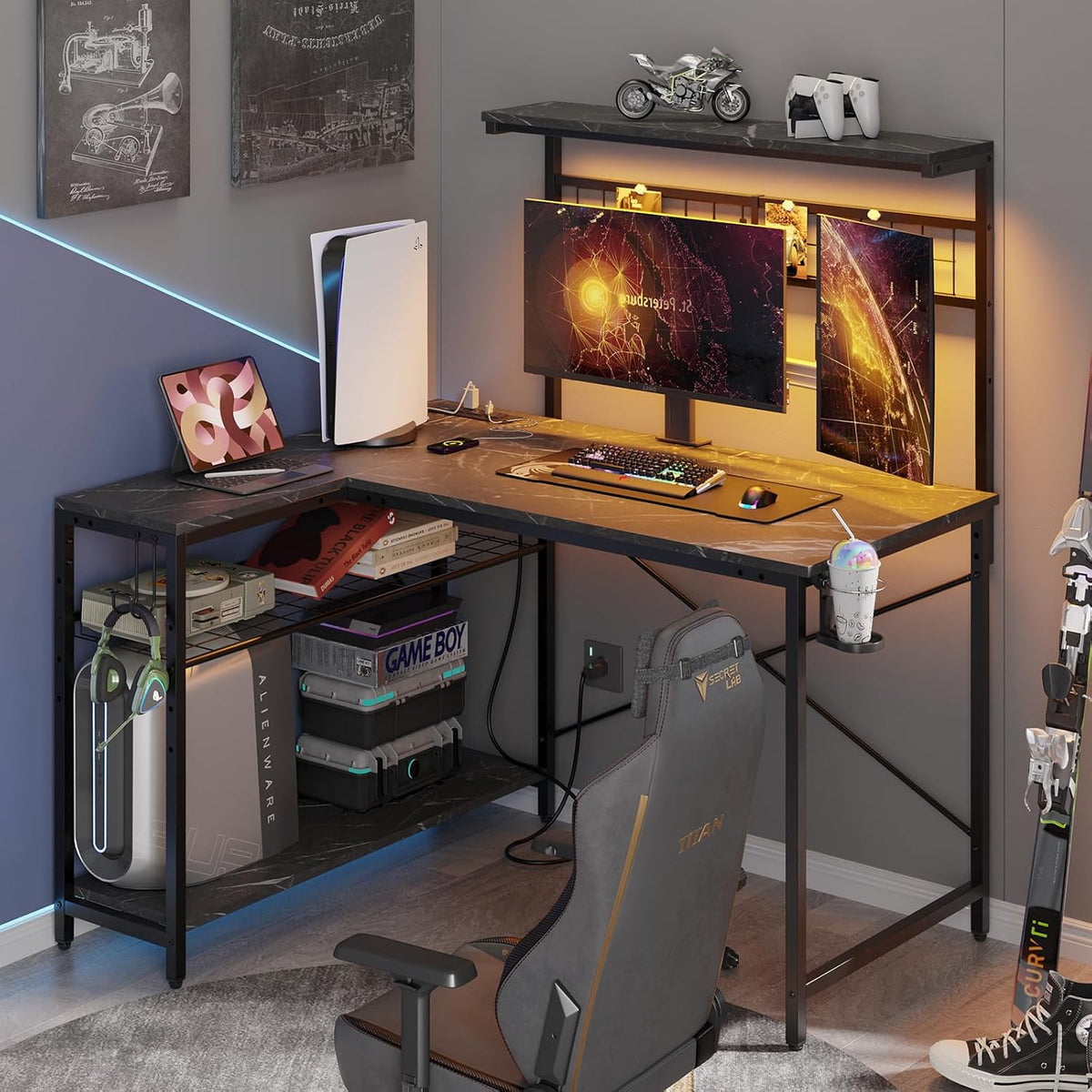 Bestier 42 L Shaped Gaming Desk, Computer Desk with Power Outlets & LED Light, Reversible Corner Desk with Shelves, Home Office Desk with Storage, Black Marble