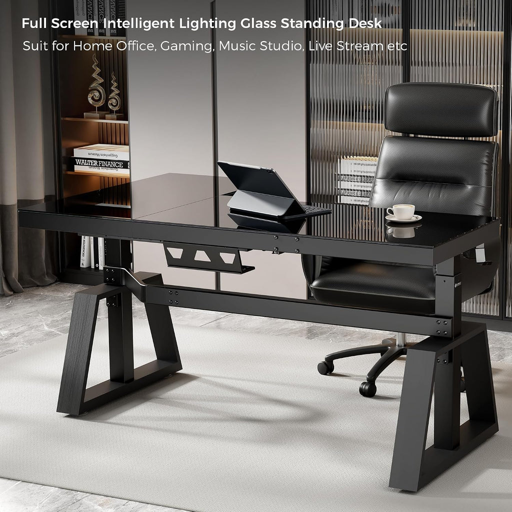 EUREKA ERGONOMIC Standing Desk,Gaming Table,Glass RGB Desks, Height Adjustable Computer 60 Inch L Shaped Corner Desk Music Studio Desk Workstation w Type-C Port,Cup Headset Holder,APP Control,Right