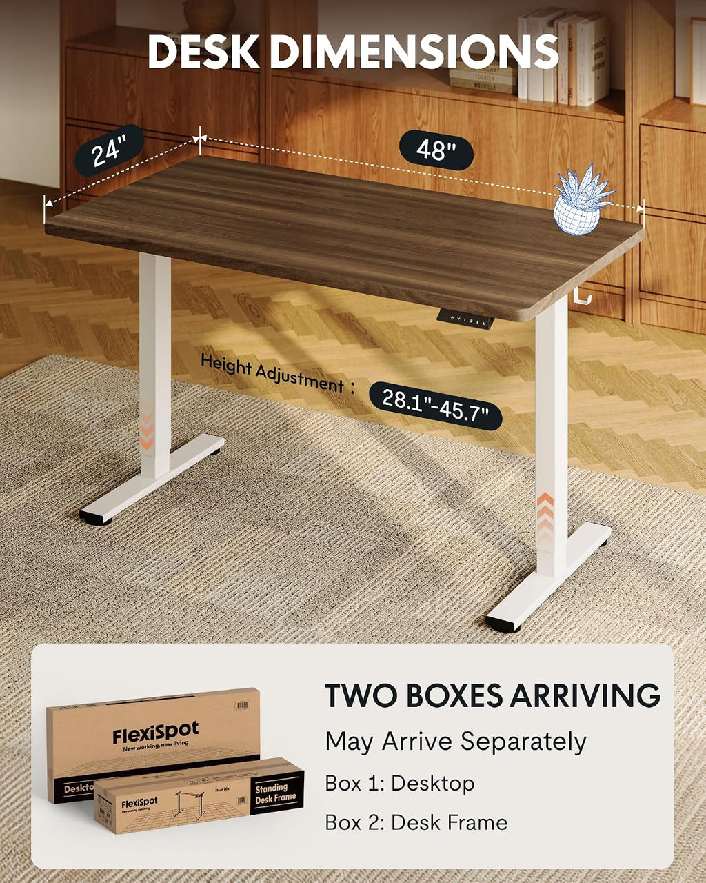 FLEXISPOT EN1 One-Piece Standing Desk with 1-Inch Thick Seamless Desktop, 48'x24' Electric Height Adjustable Desk for Home Office, Multi-Monitor Setups & Easy Assembly, Black Walnut