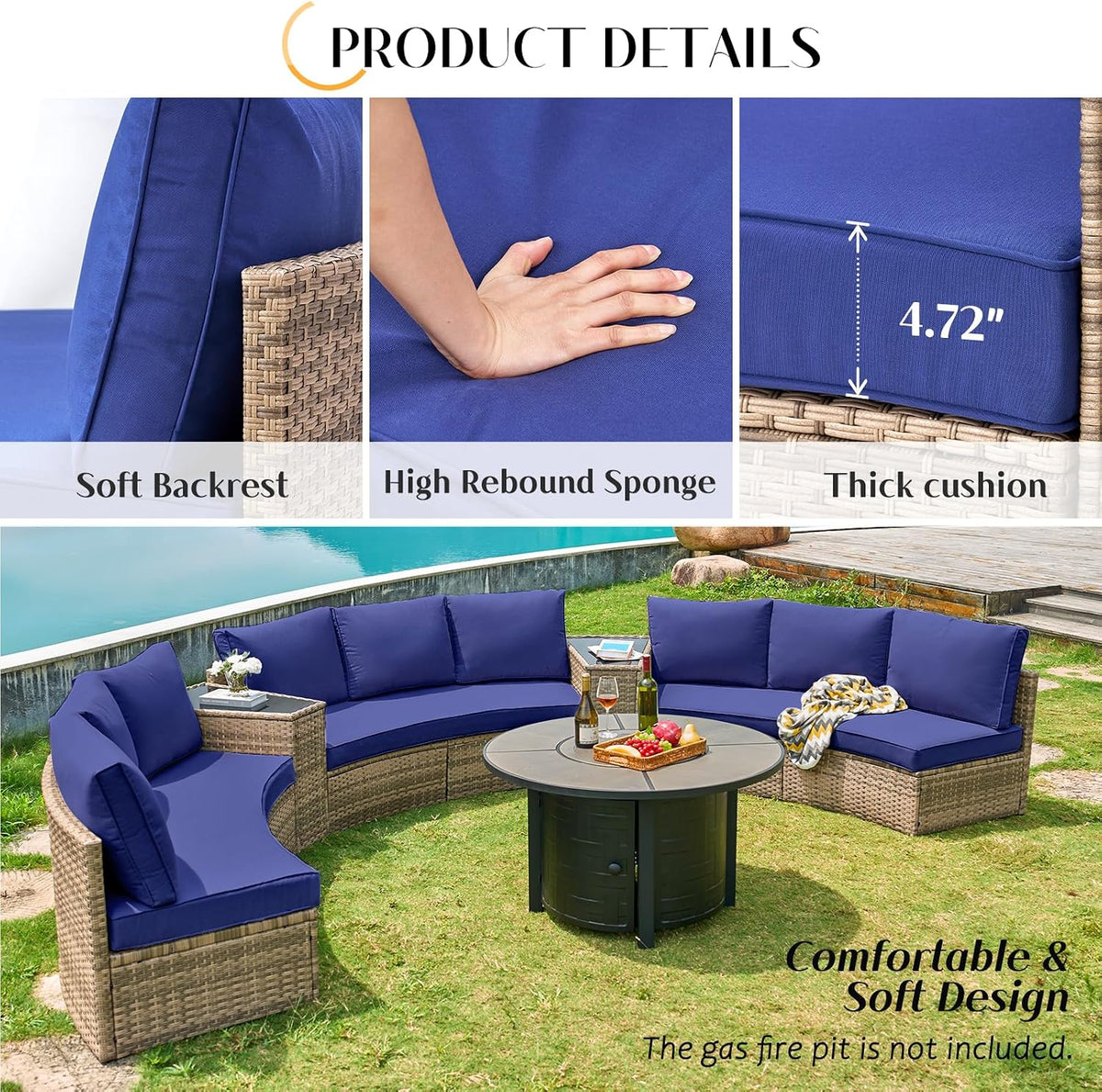 PaPaJet 6-Piece Patio Furniture Set, Half-Moon Wicker Sectional Sofa with Cushions, Waterproof Rattan Outdoor Conversation Set for Beach, Pool, Garden & Balcony, Blue