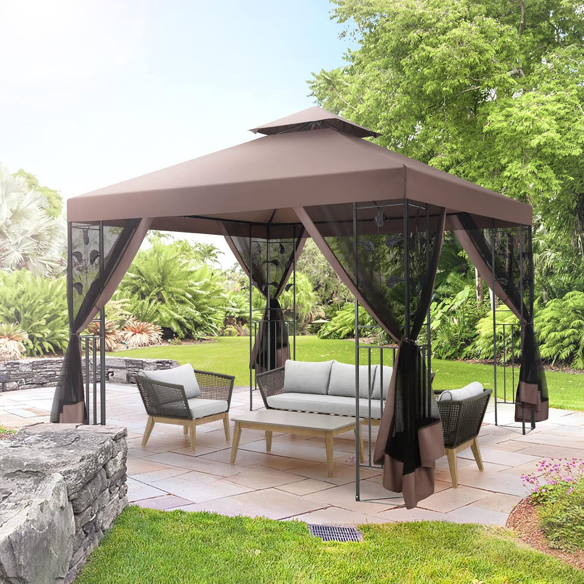 COBIZI Gazebo 10x10 Heavy Duty Gazebo with Improved Nettings Outdoor Gazebo Canopy Double Roof Patio Gazebo with Metal Steel Frame Gazebo Tent for Patio, Deck, Backyard (Brown, Nettings, New Model)