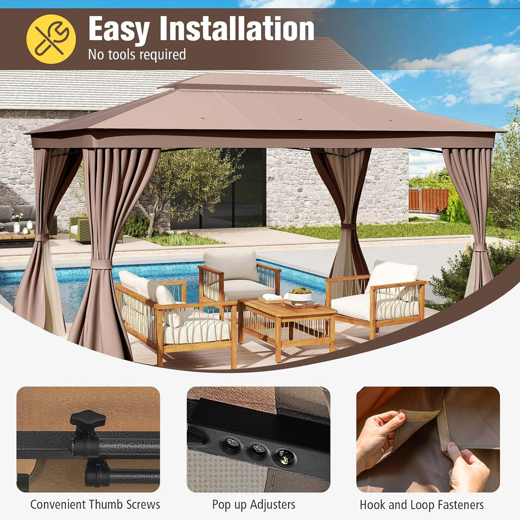 LAUSAINT HOME 10'x13' Outdoor Gazebo, Upgraded Metal Frame Heavy Duty Patio Canopy Tent Shelter with Double Roofs, Mosquito Nettings and Privacy Screens for Backyard, Garden, Lawn, Khaki
